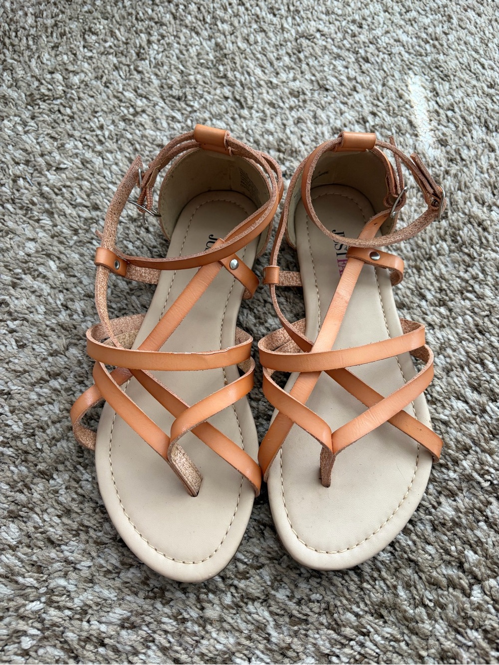 JustFab tan leather sandals with criss-cross straps size 6